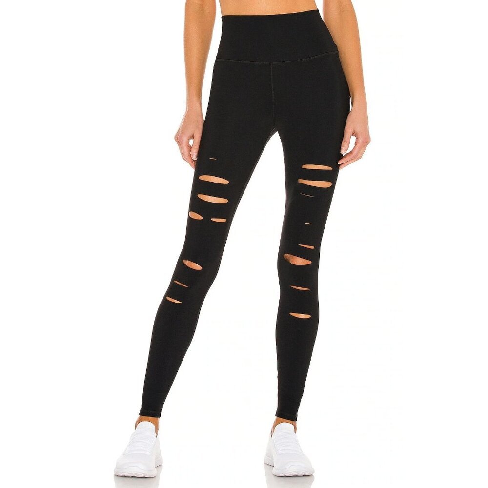 Alo Yoga Ripped Warrior Leggings XS High Rise Stretch Activewear Cut Out Black